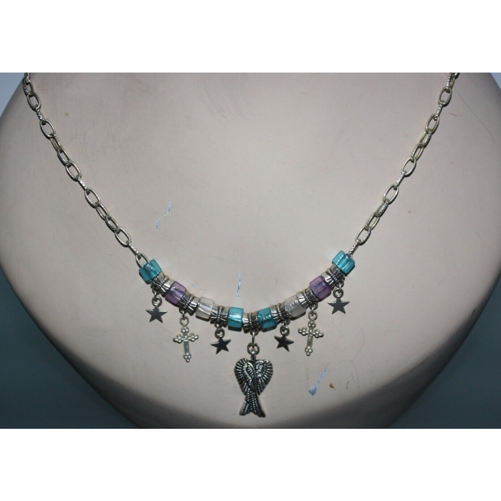 Religious Cross & Angle Wings Necklace Silver Beaded Women's Fashion Jewelry NWT